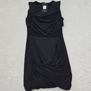 Fashion Nova Black Asymmetrical Ruched Midi Dress for Night Out